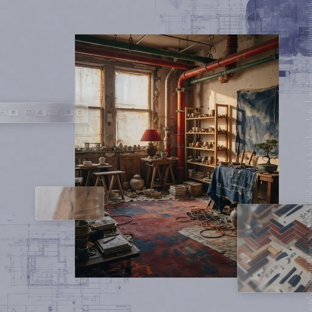 Cluttered studio with exposed pipes and stained carpet